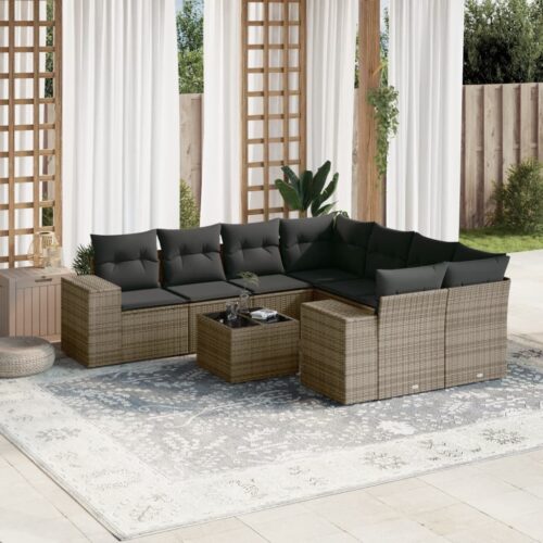 9-Piece Garden Sofa Set with Cushions Outdoor Patio Furniture Grey Poly Rattan - Image 2