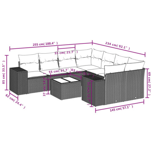 9-Piece Garden Sofa Set with Cushions Outdoor Patio Furniture Grey Poly Rattan - Image 3