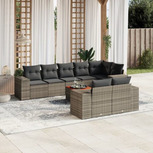9-Piece Garden Sofa Set with Cushions Outdoor Patio Furniture Grey Poly Rattan - Image 2