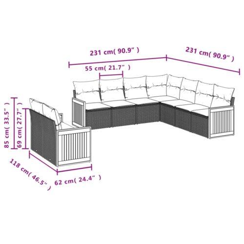 9-Piece Garden Sofa Set with Cushions Outdoor Patio Furniture Grey Poly Rattan - Image 7