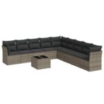10-Piece Garden Sofa Set with Cushions Outdoor Patio Lounge Furniture Grey Poly Rattan
