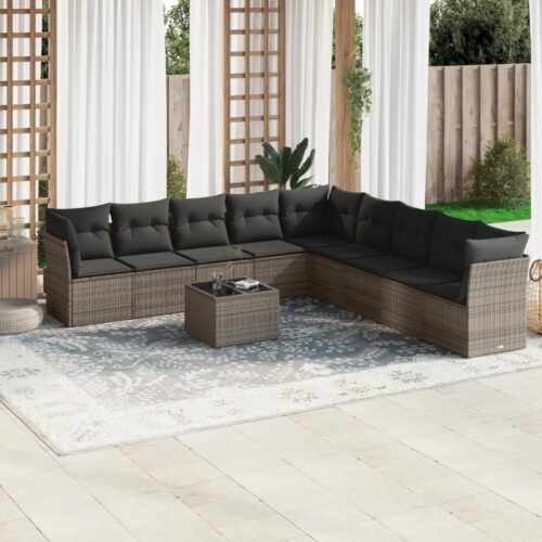10-Piece Garden Sofa Set with Cushions Outdoor Patio Lounge Furniture Grey Poly Rattan - Image 2
