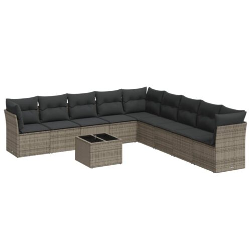10-Piece Garden Sofa Set with Cushions Outdoor Patio Lounge Furniture Grey Poly Rattan - Image 5