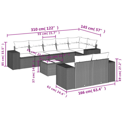 9-Piece Garden Sofa Set with Cushions Outdoor Patio Furniture Grey Poly Rattan - Image 8