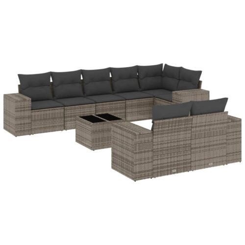 9-Piece Garden Sofa Set with Cushions Outdoor Patio Furniture Grey Poly Rattan - Image 14