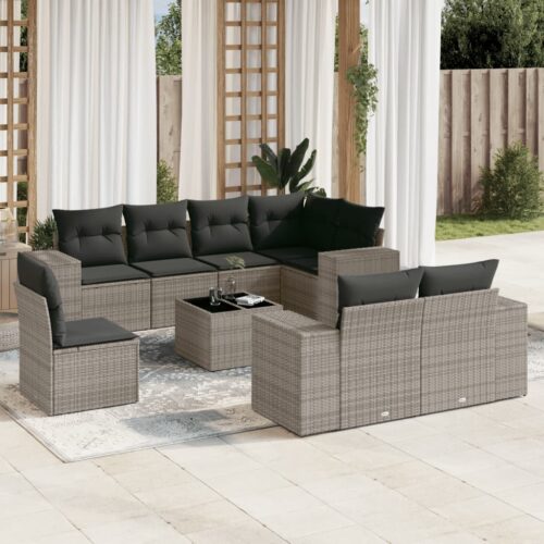 9-Piece Garden Sofa Set with Cushions Outdoor Patio Furniture Grey Poly Rattan - Image 2