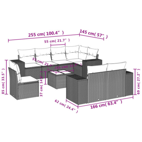 9-Piece Garden Sofa Set with Cushions Outdoor Patio Furniture Grey Poly Rattan - Image 8