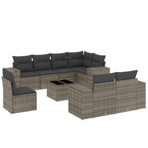 9-Piece Garden Sofa Set with Cushions Outdoor Patio Furniture Grey Poly Rattan - Image 14