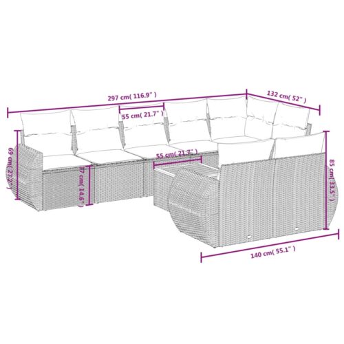 9-Piece Garden Sofa Set with Cushions Outdoor Patio Furniture Grey Poly Rattan - Image 8