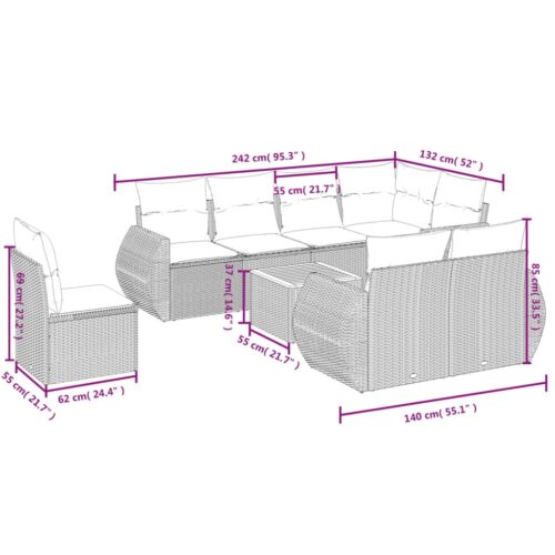 9-Piece Garden Sofa Set with Cushions Outdoor Patio Furniture Grey Poly Rattan - Image 8