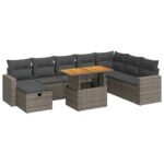 9-Piece Garden Sofa Set with Cushions Outdoor Patio Furniture Grey Poly Rattan Acacia