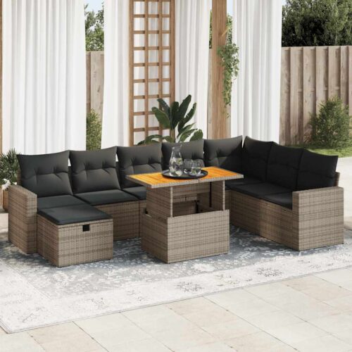 9-Piece Garden Sofa Set with Cushions Outdoor Patio Furniture Grey Poly Rattan Acacia - Image 2