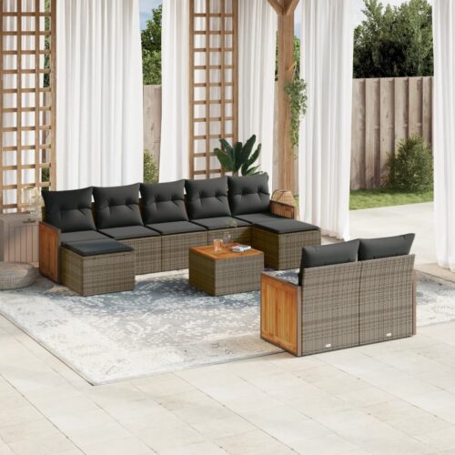 10-Piece Garden Sofa Set with Cushions Outdoor Patio Lounge Furniture Grey Poly Rattan - Image 2