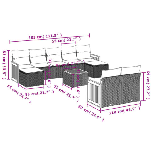10-Piece Garden Sofa Set with Cushions Outdoor Patio Lounge Furniture Grey Poly Rattan - Image 8
