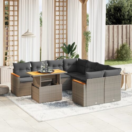 9-Piece Garden Sofa Set with Cushions Outdoor Patio Furniture Grey Poly Rattan - Image 2