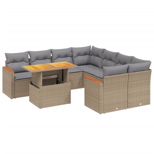 9-Piece Garden Sofa Set with Cushions Outdoor Patio Furniture Beige Poly Rattan