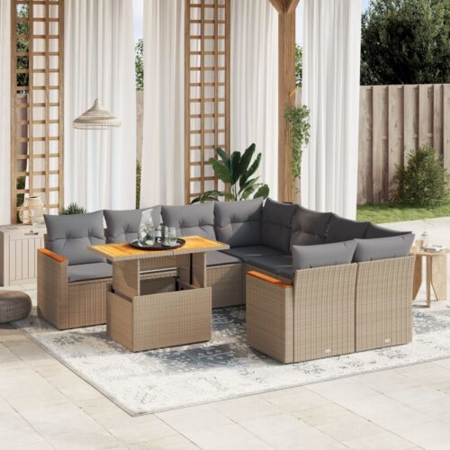 9-Piece Garden Sofa Set with Cushions Outdoor Patio Furniture Beige Poly Rattan - Image 2