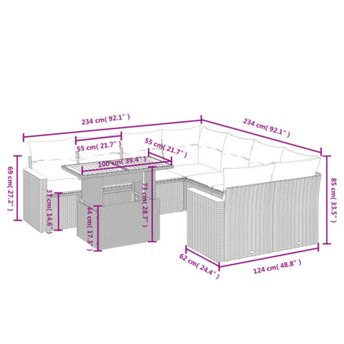 9-Piece Garden Sofa Set with Cushions Outdoor Patio Furniture Beige Poly Rattan - Image 3