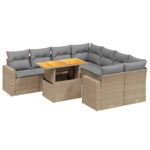 9-Piece Garden Sofa Set with Cushions Outdoor Patio Furniture Beige Poly Rattan - Image 5