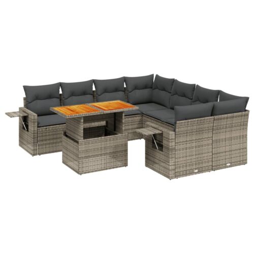 9-Piece Garden Sofa Set with Cushions Outdoor Patio Furniture Grey Poly Rattan