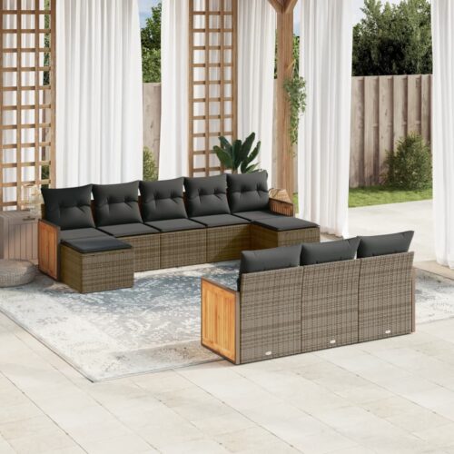 10-Piece Garden Sofa Set with Cushions Outdoor Patio Lounge Furniture Grey Poly Rattan - Image 2