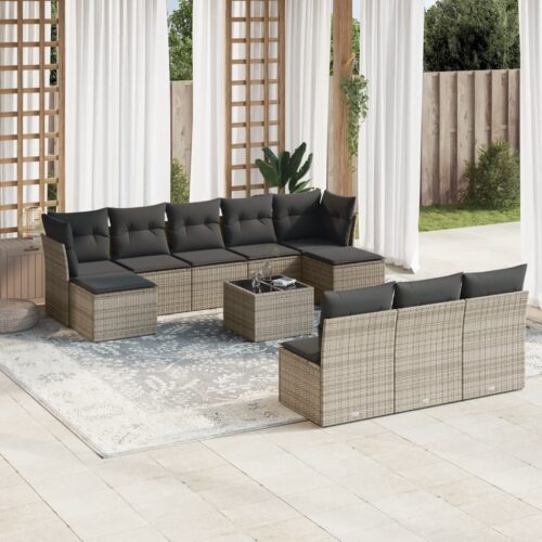 11-Piece Garden Sofa Set with Cushions Outdoor Patio Lounge Furniture Grey Poly Rattan - Image 2