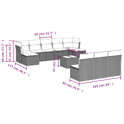 11-Piece Garden Sofa Set with Cushions Outdoor Patio Lounge Furniture Grey Poly Rattan - Image 3