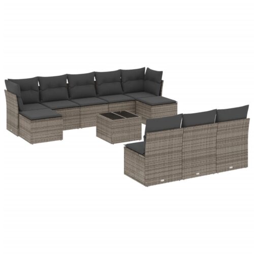 11-Piece Garden Sofa Set with Cushions Outdoor Patio Lounge Furniture Grey Poly Rattan - Image 4