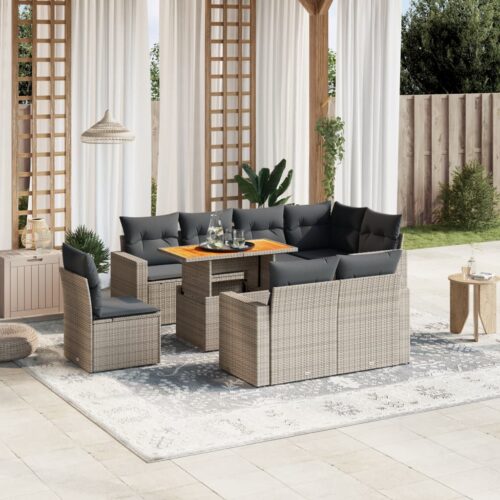 9-Piece Garden Sofa Set with Cushions Outdoor Patio Furniture Grey Poly Rattan - Image 2