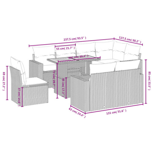 9-Piece Garden Sofa Set with Cushions Outdoor Patio Furniture Grey Poly Rattan - Image 3