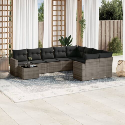 10-Piece Garden Sofa Set with Cushions Outdoor Patio Lounge Furniture Grey Poly Rattan - Image 2