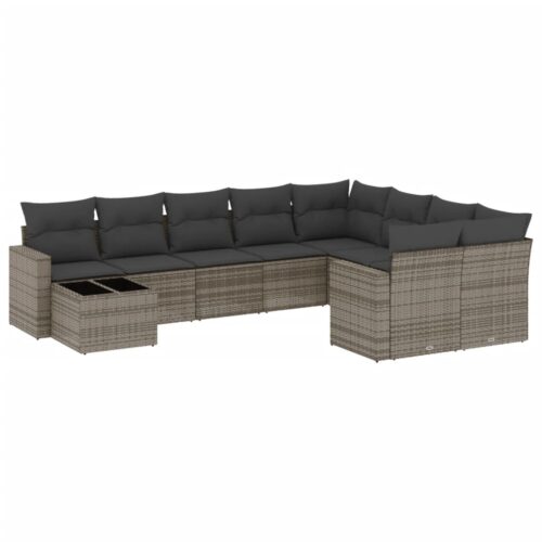 10-Piece Garden Sofa Set with Cushions Outdoor Patio Lounge Furniture Grey Poly Rattan - Image 14