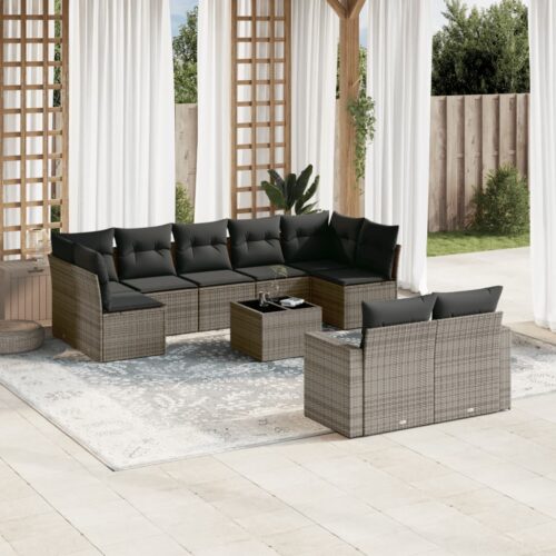 10-Piece Garden Sofa Set with Cushions Outdoor Patio Lounge Furniture Grey Poly Rattan - Image 2