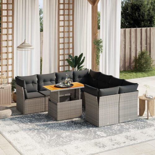 9-Piece Garden Sofa Set with Cushions Outdoor Patio Furniture Grey Poly Rattan - Image 2