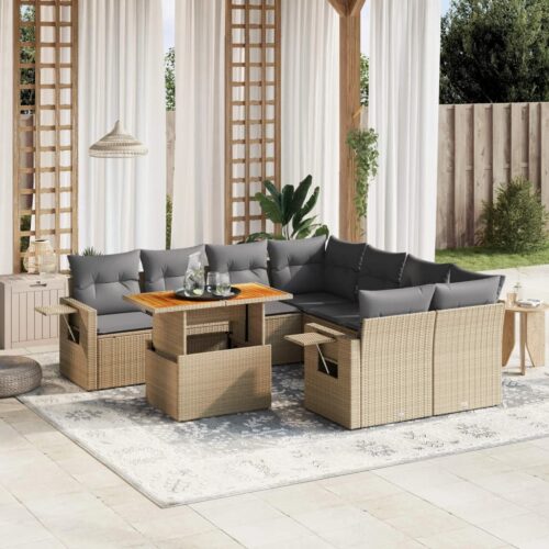 9-Piece Garden Sofa Set with Cushions Outdoor Patio Furniture Beige Poly Rattan - Image 2