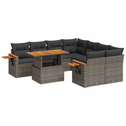 9-Piece Garden Sofa Set with Cushions Outdoor Patio Furniture Grey Poly Rattan - Image 5