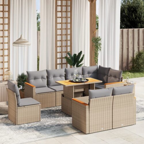 9-Piece Garden Sofa Set with Cushions Outdoor Patio Furniture Beige Poly Rattan - Image 2