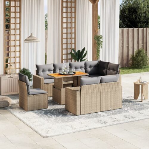 9-Piece Garden Sofa Set with Cushions Outdoor Patio Furniture Beige Poly Rattan - Image 2