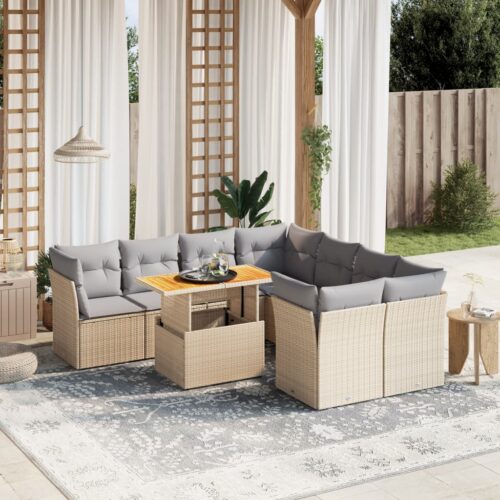 9-Piece Garden Sofa Set with Cushions Outdoor Patio Furniture Beige Poly Rattan - Image 2