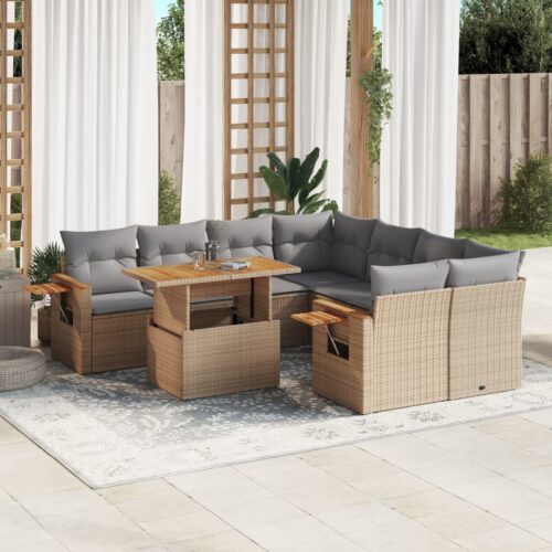 9-Piece Garden Sofa Set with Cushions Outdoor Patio Furniture Beige Poly Rattan - Image 2