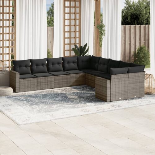 10-Piece Garden Sofa Set with Cushions Outdoor Patio Lounge Furniture Grey Poly Rattan - Image 2