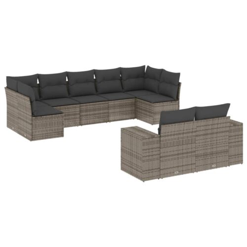 9-Piece Garden Sofa Set with Cushions Outdoor Patio Furniture Grey Poly Rattan
