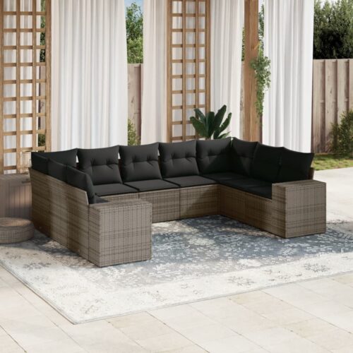 9-Piece Garden Sofa Set with Cushions Outdoor Patio Furniture Grey Poly Rattan - Image 2
