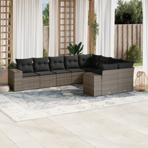9-Piece Garden Sofa Set with Cushions Outdoor Patio Furniture Grey Poly Rattan - Image 2