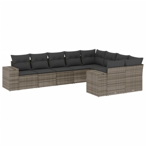 9-Piece Garden Sofa Set with Cushions Outdoor Patio Furniture Grey Poly Rattan - Image 5