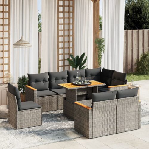 9-Piece Garden Sofa Set with Cushions Outdoor Patio Furniture Grey Poly Rattan - Image 2