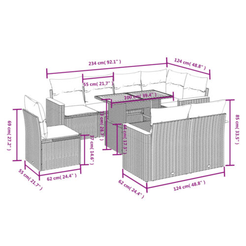 9-Piece Garden Sofa Set with Cushions Outdoor Patio Furniture Grey Poly Rattan - Image 3