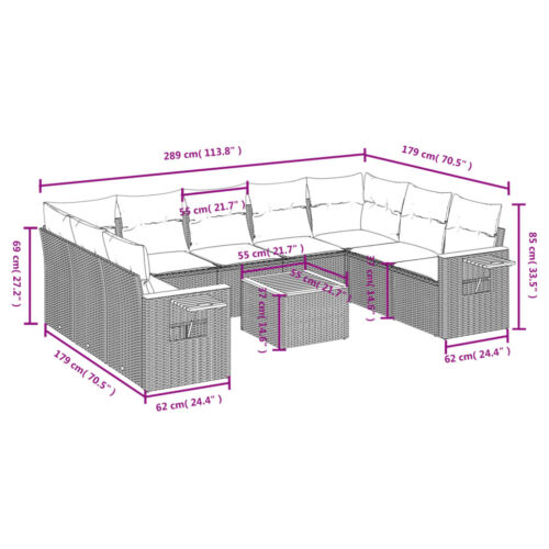 10-Piece Garden Sofa Set with Cushions Outdoor Patio Lounge Furniture Grey Poly Rattan - Image 8