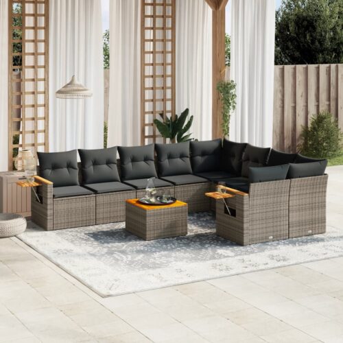 10-Piece Garden Sofa Set with Cushions Outdoor Patio Lounge Furniture Grey Poly Rattan - Image 2