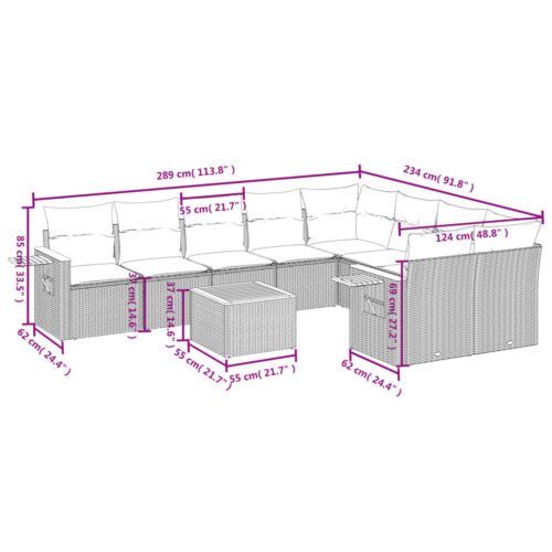 10-Piece Garden Sofa Set with Cushions Outdoor Patio Lounge Furniture Grey Poly Rattan - Image 7